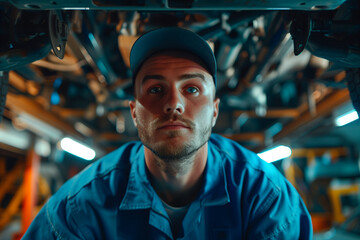 Car Mechanic in Blue Uniform and Cap Repairing Vehicle Parts Underneath a Car in a Modern Garage, Representing Technician Service and Maintenance Work