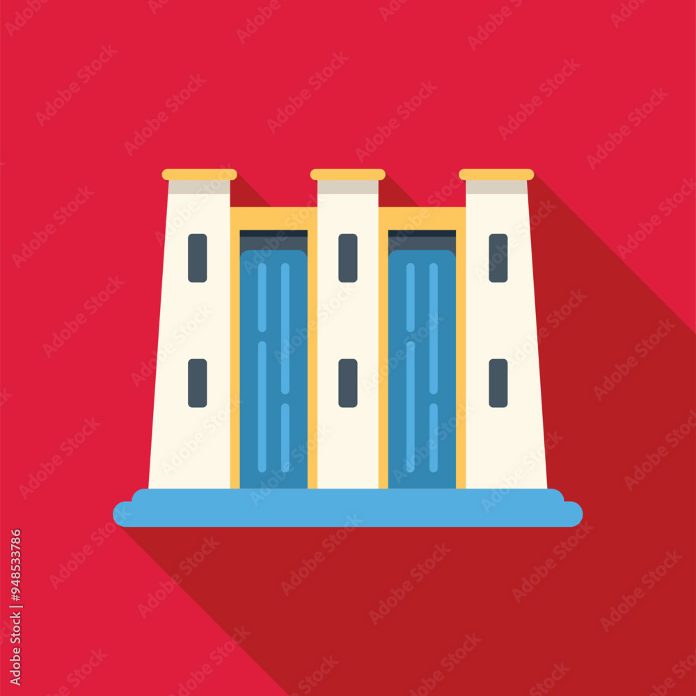 Poster Water dam generating renewable energy with a strong waterfall, flat vector illustration with long shadow on red background