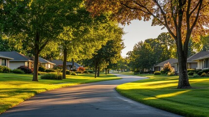 A quiet suburban neighborhood with tree-lined streets and well-kept lawns. No people, copy space