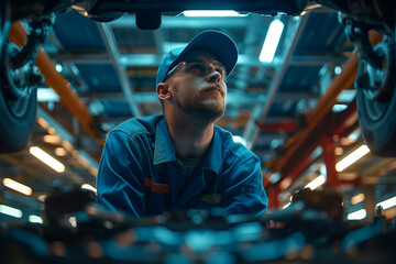 Car Mechanic in Blue Uniform and Cap Repairing Vehicle Parts Underneath a Car in a Modern Garage, Representing Technician Service and Maintenance Work