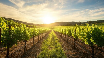 Fototapeta premium A quiet vineyard in Napa Valley with rows of grapevines under the sun. No people, copy space.
