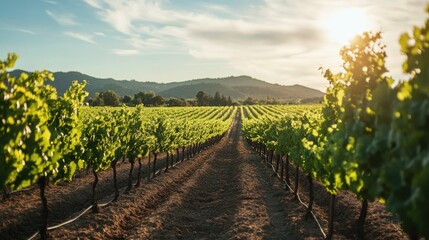 Naklejka premium A quiet vineyard in Napa Valley with rows of grapevines under the sun. No people, copy space.