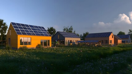 35. **A modern farm building complex with a solar panel array.
