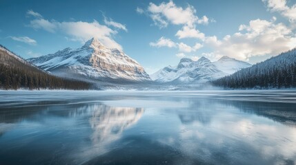 A serene view of a frozen lake in the Canadian Rockies with snow-capped peaks. No people, copy space.