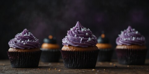 Spooky Halloween themed cupcakes with purple frosting decorations.