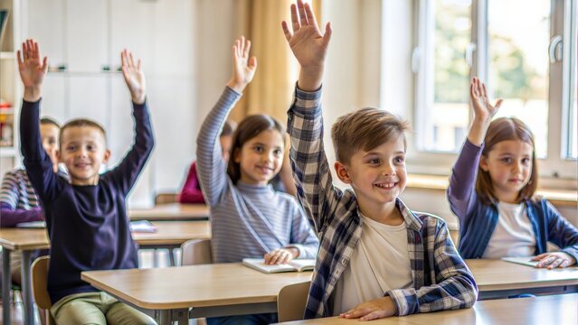 children raising hands in class room, back to school concept