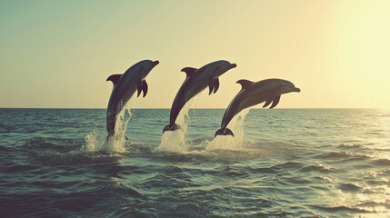 Three dolphins jumping out of the water