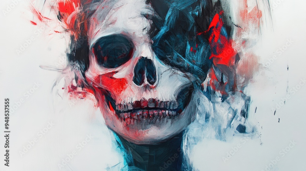 Wall mural Abstract Painting of a Skull with Red and Blue Hues