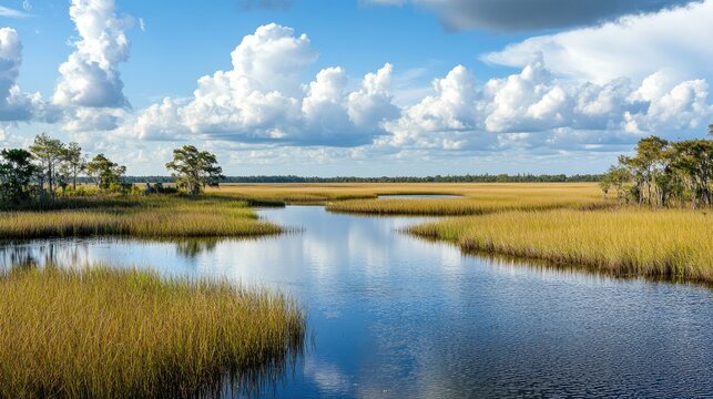 A serene view of the Florida Everglades with sawgrass marshes and distant trees. No people, copy space.