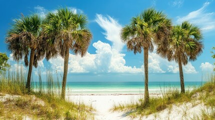 A serene view of the Gulf Coast with swaying palm trees and white sand beaches. No people, copy space.