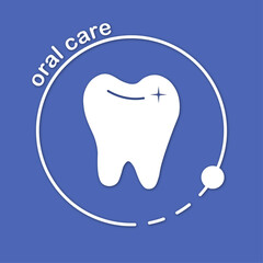 Vector illustration of molar tooth with glare in circle, for dentists, stomatologists, clinics, design, dental hygiene products and oral protection and care, logo with shadow on blue background