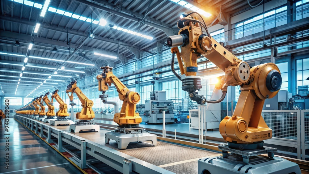Aufkleber Modern robots working together in a high-tech factory, technology, automation, artificial intelligence