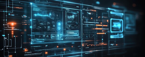 Obraz premium Abstract futuristic digital interface with glowing holographic elements and high-tech graphics in a virtual environment.