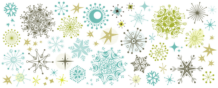 Mid-Century Modern Snowflakes. Retro Clip Art with Atomic Age Christmas Winter