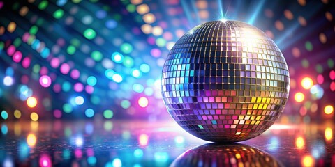 Shiny silver disco ball reflecting colorful lights , nightclub, dance, party, music, fun, celebration, sparkling