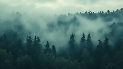 Fototapeta premium Dense Fog Envelops Forest with Ghostly Trees and Diffused Light, Ethereal and Mysterious Atmosphere, Photo Realistic