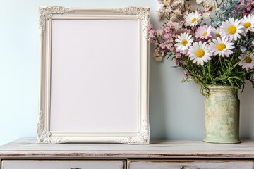 White frame with pastelcolored daisies, propped up on a shabby chic dresser, vintage mockup