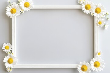 Simple white frame with daisy chains, resting on a light grey surface, cheerful floral mockup