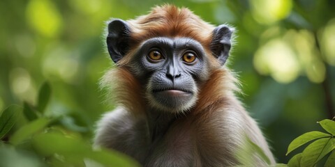 Fototapeta premium A Curious Langur Monkey Relaxing on Green Foliage.
