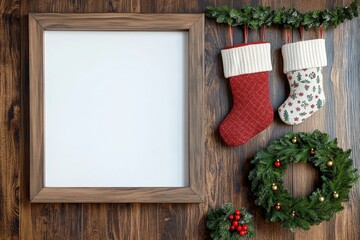 Rustic frame mockup on a wooden wall, with hanging Christmas stockings and a wreath nearby, cozy, warm and cool contrast, illustration