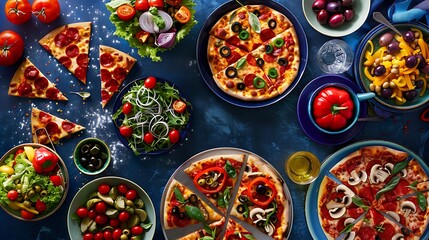 Pizza Party Feast: Pepperoni, Veggie & Mushroom Pizza with Salads