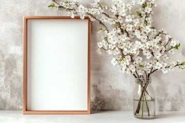 Rose gold frame with tiny white blossoms, leaning against a concrete wall, modern floral mockup