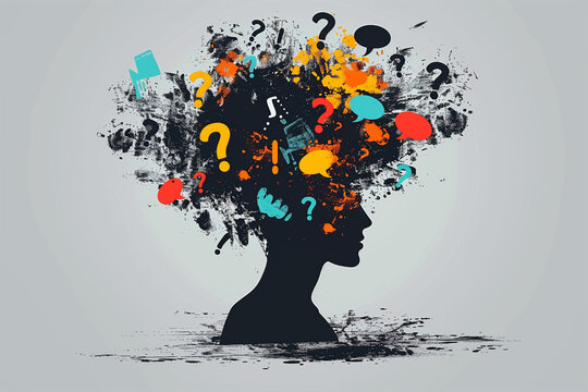 Silhouette Vector Illustration of a Head Filled with Speech Bubbles, Exclamation Marks, and Question Marks, Representing Mental Health Concepts like Anxiety and Overthinking on a Grey Background