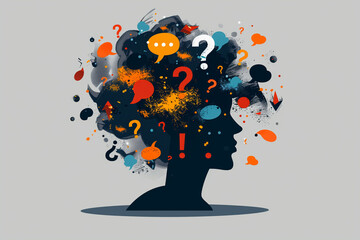 Silhouette Vector Illustration of a Head Filled with Speech Bubbles, Exclamation Marks, and Question Marks, Representing Mental Health Concepts like Anxiety and Overthinking on a Grey Background
