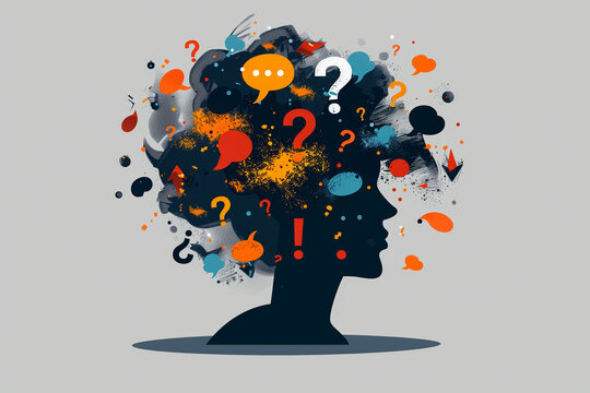 Silhouette Vector Illustration of a Head Filled with Speech Bubbles, Exclamation Marks, and Question Marks, Representing Mental Health Concepts like Anxiety and Overthinking on a Grey Background - Powered by Adobe