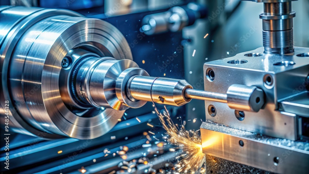 Poster Drilling operation on CNC lathe machine with metal cutting and precision machining, CNC lathe