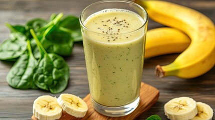 Protein smoothie with spinach and banana, served in a glass, refreshing and nutritious