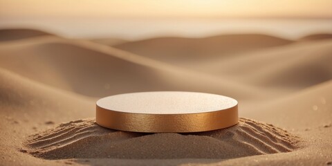 Tranquil Circular Podium Half-Buried in Sand with Warm Tones and Gentle Ripples.