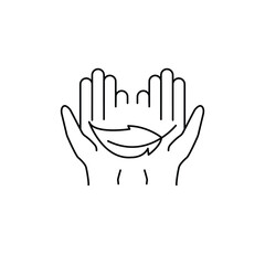 Obraz premium two linear hands with falling lightweight feather. simple lineart style graphic modern design abstract logotype element isolated on white. concept of light