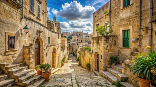 Narrow alleyways with ancient stone walls in the charming city of Matera, Italy, vicoli, Matera, Italy