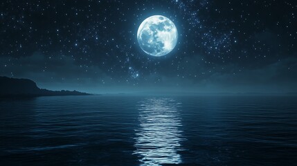 Naklejka premium A luminous full moon casting reflections on calm ocean waters at night under a star-filled sky