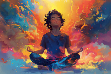 Illustration of a Young Man Meditating to Find Inner Peace Amidst a Chaotic World, Perfect for Children's Book Illustrations