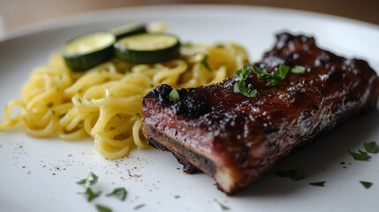 Modern minimalist presentation of ribs, zucchini, and pasta on a white plate