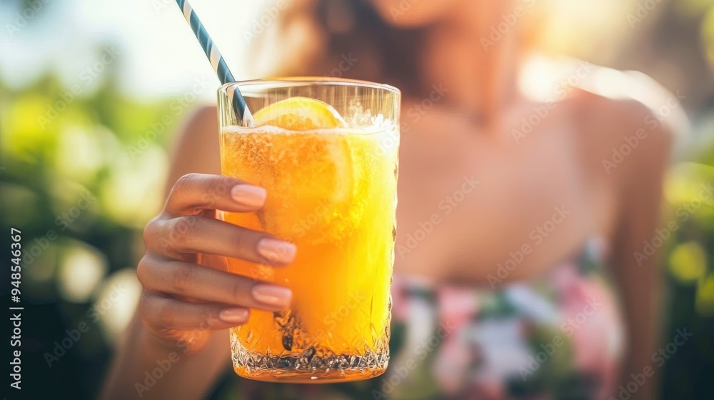 Poster Close-up of a Hand Holding a Glass of Yellow Juice with a Straw