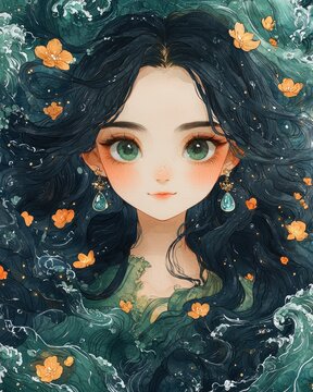 Anime Girl with Green Eyes and Long Black Hair Surrounded by Water and Flowers