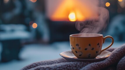 Obraz premium A Steaming Cup of Tea on a Cozy Blanket with a Blurred Sunset Background