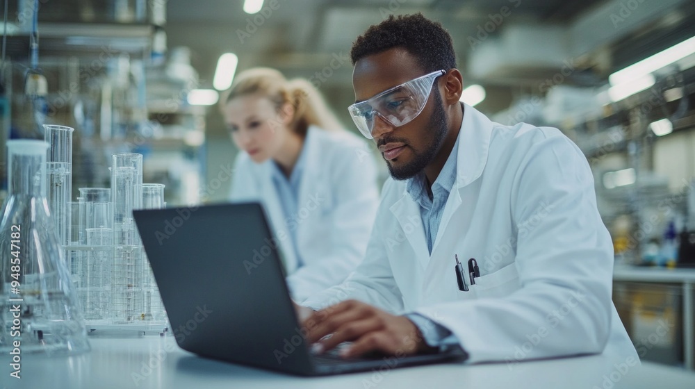 Poster A man in a lab coat is typing on a laptop computer