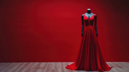 Elegant evening gown on a red mannequin, highlighted in a minimalist setting, perfect for a fashion-focused visual