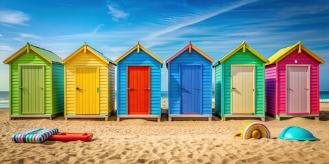 Bathing cabins on a sandy beach with colorful doors and beach accessories , vacation, seaside, relaxation, summer, travel, beach, sand