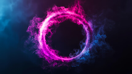 A vibrant swirl of pink and blue smoke dances in a circular formation, creating a mystical and ethereal atmosphere.