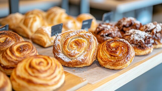 Concept about bakery, baked goods, and warmth. Assorted bakery pastries and baked goods on display