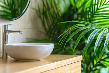 Fototapeta premium A modern bathroom sink surrounded by lush green plants, creating a tranquil and refreshing atmosphere for relaxation.