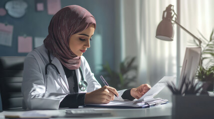 Muslim female doctor in a hijab, writing a prescription at her desk in a hospital,