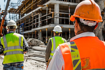 Site Supervisors and Engineers Overseeing Construction Industry Workers in Helmets