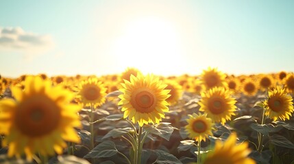 Fototapeta premium 24. **A field of sunflowers facing the sun with a clear sky in the background.