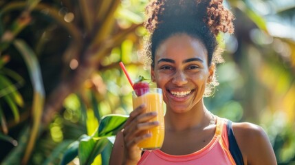 brunette sporty woman drinking a fruit smoothie